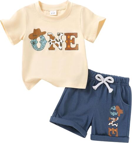 Happy Town Baby Boy Summer Outfits 1st Birthday Themed Prints Vintage Beige T-shirt Shorts Infant Boys Clothes Set 6-24M in Saudi Arabia