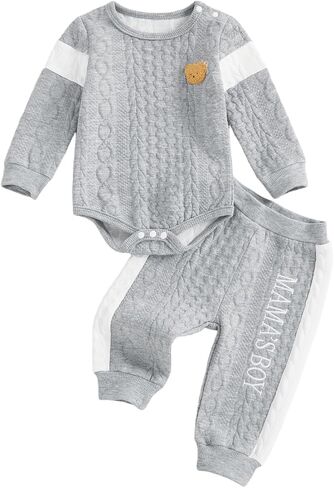 Baby Infant Boy Outfits Mama's Boy Long Sleeve Bear Embroidery Textured Romper With Pants 2Pcs Set in Kuwait