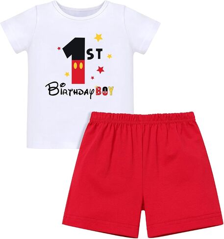 Baby Boy First Birthday Outfit, Cake Smash Clothing Set | Short Sleeve T-Shirt Red Shorts 1st Birthday Boy 2 Piece Set in Kuwait