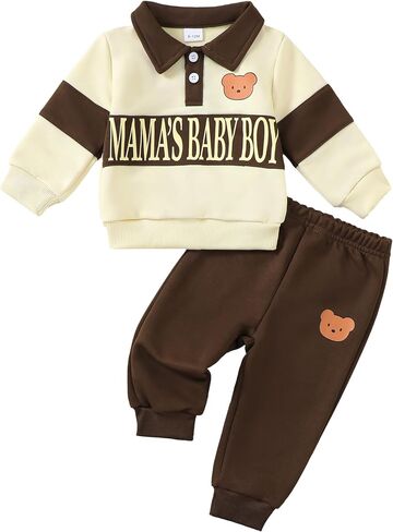 Toddler Baby Boy Clothes Color Block Long Sleeve Lapel Sweatshirt Tops + Pants Fall Winter Outfits Set in Kuwait