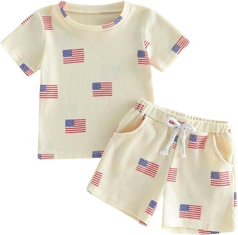 Toddler Baby Boy 4th of July Outfits Flag Waffle Short Sleeve T-Shirts Elastic Waist Shorts Sets Summer Clothes in Kuwait