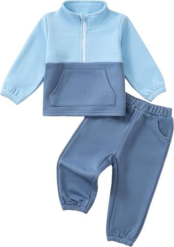 Toddler Baby Boy Clothes Color Block Long Sleeve Zipper Sweatshirt Tops + Pants Fall Winter Outfits Set in Kuwait
