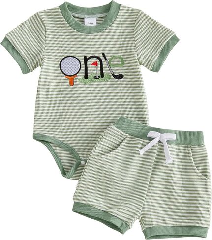 First Birthday Outfit Boy Hole In One Golf Themed 1st Birthday Romper and Shorts Set Waffle Knit Striped Clothes in Kuwait