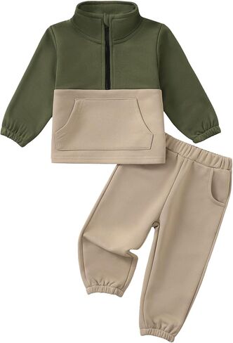Toddler Baby Boy Clothes Color Block Long Sleeve Zipper Sweatshirt Tops + Pants Fall Winter Outfits Set in Kuwait