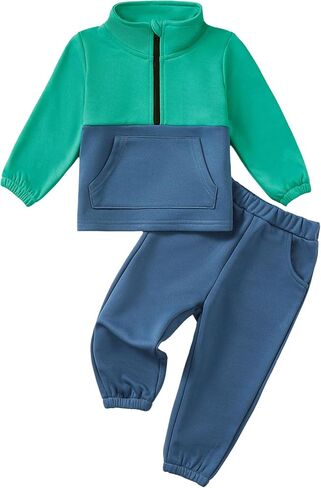 Toddler Baby Boy Clothes Color Block Long Sleeve Zipper Sweatshirt Tops + Pants Fall Winter Outfits Set in Kuwait