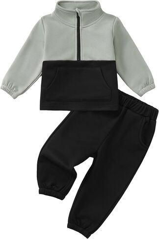 Toddler Baby Boy Clothes Color Block Long Sleeve Zipper Sweatshirt Tops + Pants Fall Winter Outfits Set in Kuwait