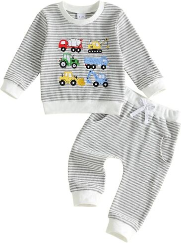 Toddler Baby Boy Fall Winter Clothes Waffle Sweatshirt Pants Sets | Cute Truck Embroidery Long Sleeve Crew Neck Outfits 6 12 18 24Month 2T 3T 4T Boy Clothes in Kuwait