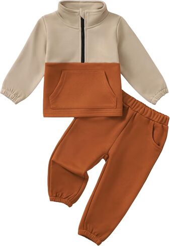 Toddler Baby Boy Clothes Color Block Long Sleeve Zipper Sweatshirt Tops + Pants Fall Winter Outfits Set in Kuwait