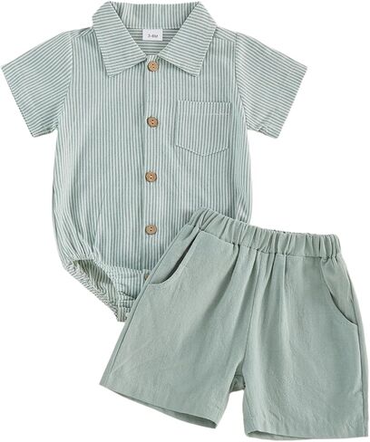 Sasaerucure Baby Boy Summer Outfit Striped Button Down Short Sleeve Romper Solid Shorts 3 6 12 18 Months Boys Clothes in Kuwait