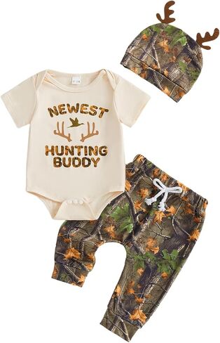 GOOCHEER Summer Newborn Baby Boy Outfit Hunting Buddy Short Sleeve Bubble Romper Pants Hat 3Pcs Infant Camo Clothes Set in Kuwait