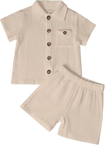 Baby Boy Summer Clothes 2PCS Set, Toddler Boys Cotton Short Sleeve Top Shorts Summer Outfits with Pocket in Kuwait