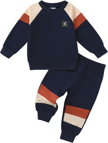 Toddler Baby Boy Clothes Color Block Long Sleeve Sweatshirt Tops + Pants Fall Winter Outfits 2 Piece Set in Kuwait