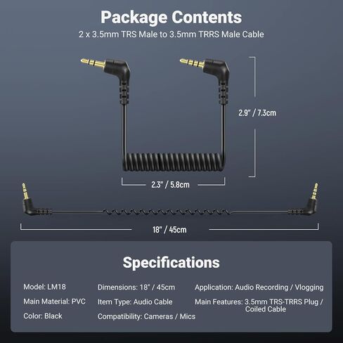 NEEWER 2 Pack Aux Cable Set, 3.5mm TRS Male to TRRS Male Coiled Cable Compatible with DJI Mic Rode Wireless GO II Hollyland Lark NEEWER CM28 CM31 Microphone iPhone iPad Android Tablet Smartphone, LM18 in Kuwait