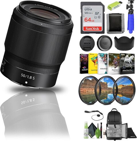 Nikon NIKKOR Z 50mm f/1.8 S Standard Lens Z Cameras (20083) + 64GB Memory Card + Filter Kit + Backpack + Card Reader + Corel Photo Software + Flex Tripod + Memory Wallet + More in Kuwait