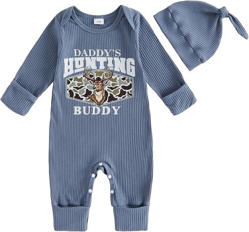 Newborn Baby Boy Deer Duck Hunting Outfit Romper Hat Fall Clothes | Daddy's Hunting Buddy, Knitted Long Sleeve Jumpsuit Bodysuit, Little Hunter Fall Outfits in Kuwait