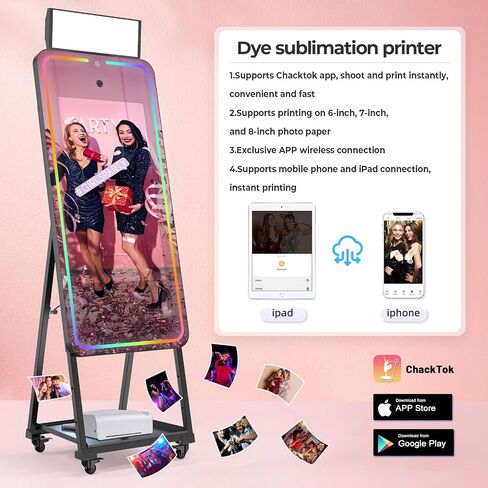 MWE Magic Mirror Photo Booth Machine Touch Screen with Printer,12MP 4K HD Camera,RGB Surround Light Music Sync,Professional Photography Light,Dual System,Software APP Remote Control (65n+Printer) in Kuwait