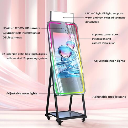 MWE Magic Mirror Photo Booth Machine Touch Screen with Printer,12MP 4K HD Camera,RGB Surround Light Music Sync,Professional Photography Light,Dual System,Software APP Remote Control (65n+Printer) in Kuwait