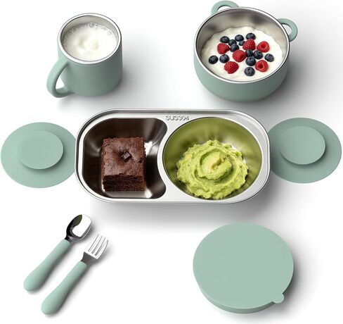 Bakpoco Toddler Plates and Bowls Set Stainless Steel Feeding Set with Suction, Detachable Baby Bowls, Kids Plates, Cup & Utensils, Baby Feeding Essentials for Self Feeding, Dinnerware Set, Sage in Kuwait