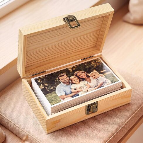 SiliFine Photo Wooden Box 4x6 Inch Photo Storage Boxes Small Keepsake Box for Girlfriend Boyfriend Couple Wedding Gift to Store Pictures Certificates Jewelry Scrapbooking (Small,Natural Wood) in Kuwait