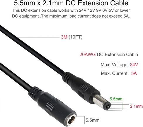 10FT DC Extension Cable for AC DC Adapter Power Supply Extension Plug Jack 5.5mm x 2.1mm Male to Female 20AWG DC 24V 12V 9V 6V 5V for Security Cameras Router Printer LED Light Strip 5A Max. 3M Black in Kuwait