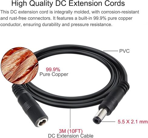 10FT DC Extension Cable for AC DC Adapter Power Supply Extension Plug Jack 5.5mm x 2.1mm Male to Female 20AWG DC 24V 12V 9V 6V 5V for Security Cameras Router Printer LED Light Strip 5A Max. 3M Black in Kuwait