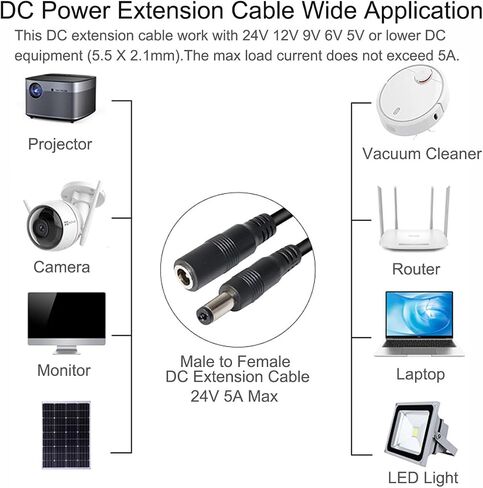 10FT DC Extension Cable for AC DC Adapter Power Supply Extension Plug Jack 5.5mm x 2.1mm Male to Female 20AWG DC 24V 12V 9V 6V 5V for Security Cameras Router Printer LED Light Strip 5A Max. 3M Black in Kuwait