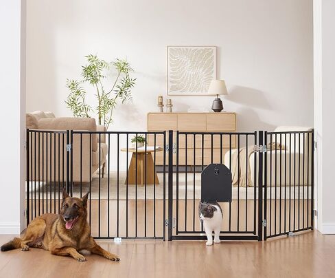 No Pawblems Free Standing Dog Gate with Cat Door, 30'' Tall Foldable Dog Fence for Indoor & Outdoor, Up to 104 Inch Extra Wide Puppy Gate for Stairs, Hallways, Doorways, Deck, Yard (Black, 4 Panels) in Kuwait