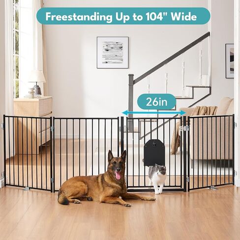 No Pawblems Free Standing Dog Gate with Cat Door, 30'' Tall Foldable Dog Fence for Indoor & Outdoor, Up to 104 Inch Extra Wide Puppy Gate for Stairs, Hallways, Doorways, Deck, Yard (Black, 4 Panels) in Kuwait