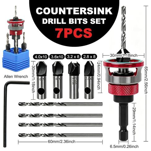 Countersink Drill Bits Set, 4PCS 4-Flute HSS M2 Bits with Depth Stop | 4-Flute Countersink Drill Bits for Cleaner Holes Durable HSS M2 Set Adjustable Depth Stop Collar Versatile Woodworking in Kuwait