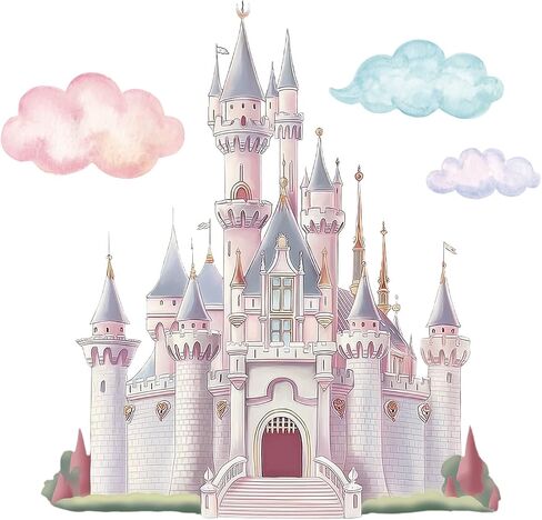 PLIGREAT Princess Castle Wall Decals, Watercolor Cloud Fairy Castle Wall Sticker, Large Vinyl Removable Peel and Stick Wall Decal for Girls Bedroom Nursery Living Room Home Indoor Wall Art Decoration in Kuwait