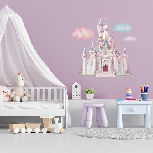 PLIGREAT Princess Castle Wall Decals, Watercolor Cloud Fairy Castle Wall Sticker, Large Vinyl Removable Peel and Stick Wall Decal for Girls Bedroom Nursery Living Room Home Indoor Wall Art Decoration in Kuwait