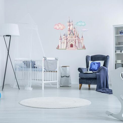 PLIGREAT Princess Castle Wall Decals, Watercolor Cloud Fairy Castle Wall Sticker, Large Vinyl Removable Peel and Stick Wall Decal for Girls Bedroom Nursery Living Room Home Indoor Wall Art Decoration in Kuwait