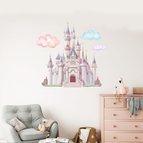 PLIGREAT Princess Castle Wall Decals, Watercolor Cloud Fairy Castle Wall Sticker, Large Vinyl Removable Peel and Stick Wall Decal for Girls Bedroom Nursery Living Room Home Indoor Wall Art Decoration in Kuwait
