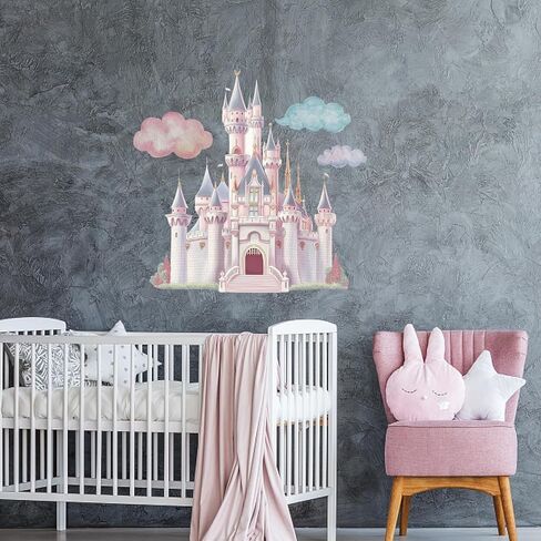 PLIGREAT Princess Castle Wall Decals, Watercolor Cloud Fairy Castle Wall Sticker, Large Vinyl Removable Peel and Stick Wall Decal for Girls Bedroom Nursery Living Room Home Indoor Wall Art Decoration in Kuwait