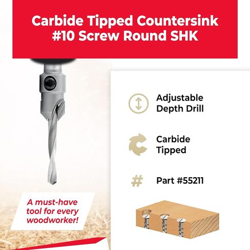 Amana Tool Carbide Tipped Countersink Drill Bit, 55211, 10 Screw, 1/2 Dia x 3/16 Drill Dia x 3/8 Round Shank in Kuwait