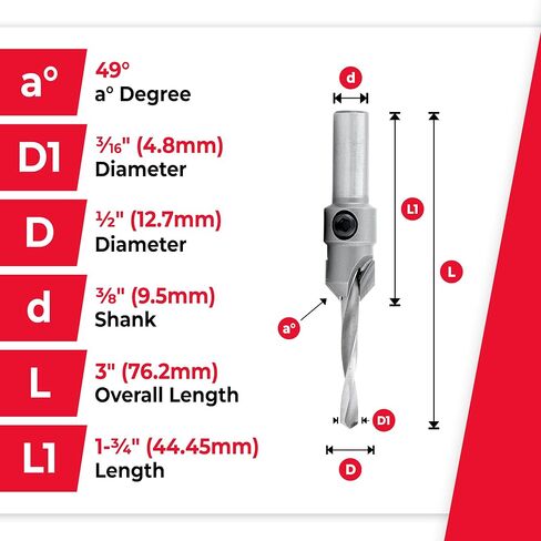 Amana Tool Carbide Tipped Countersink Drill Bit, 55211, 10 Screw, 1/2 Dia x 3/16 Drill Dia x 3/8 Round Shank in Kuwait