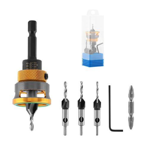 7 Pcs Countersink Drill Bits Set with Adjustable Depth Stop Collar, 4 Pcs Four-Flute Countersink Drill Bit for 82 Degree Woodworking, Plywood and MDF DIY, Wrench & Double-Ended Cross Head Bit in Kuwait