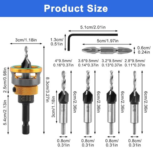 7 Pcs Countersink Drill Bits Set with Adjustable Depth Stop Collar, 4 Pcs Four-Flute Countersink Drill Bit for 82 Degree Woodworking, Plywood and MDF DIY, Wrench & Double-Ended Cross Head Bit in Kuwait