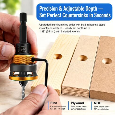 7 Pcs Countersink Drill Bits Set with Adjustable Depth Stop Collar, 4 Pcs Four-Flute Countersink Drill Bit for 82 Degree Woodworking, Plywood and MDF DIY, Wrench & Double-Ended Cross Head Bit in Kuwait