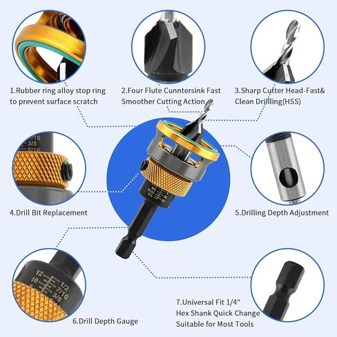 7 Pcs Countersink Drill Bits Set with Adjustable Depth Stop Collar, 4 Pcs Four-Flute Countersink Drill Bit for 82 Degree Woodworking, Plywood and MDF DIY, Wrench & Double-Ended Cross Head Bit in Kuwait