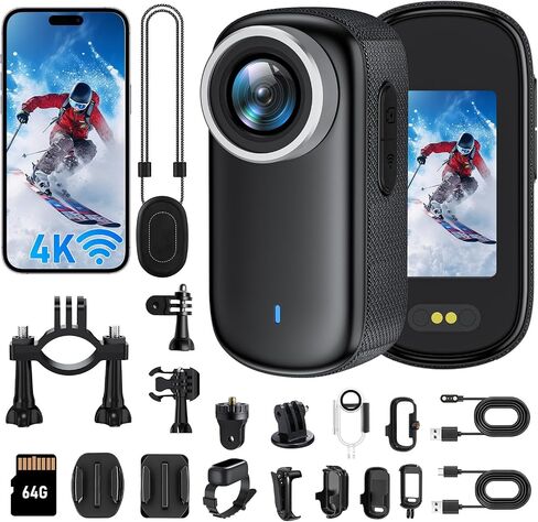 4K Mini Action Camera with Screen, Waterproof Body Camera with Wi-Fi, Thumb Cameras with Magnetic Mount, Small Body Cam for Vlogging, Portable POV Camcorder for Cycling, Travel, Outdoor Sports 64G in Kuwait