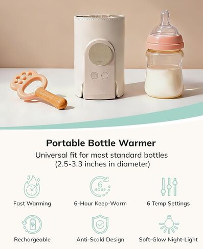 Umimile Portable Bottle Warmer for Travel – Heats the Bottle Directly—No Pouring, Fast Heating Baby Bottle Warmer on The Go, 6 Temp Settings & Auto Keep-Warm,Fits 2.5-3.3in Bottles (Beige) in Kuwait