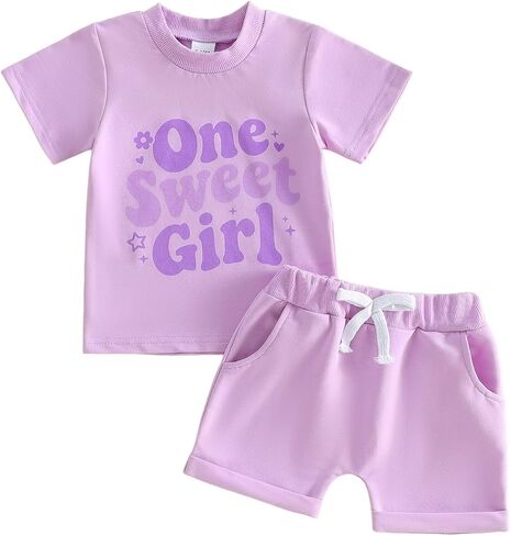 One Sweet Girl Baby Birthday Outfit 2Pcs Infant Summer Clothes Short Sleeve Letter Print T Shirts and Shorts Set in Kuwait