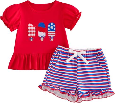 Madjtlqy Toddler Baby Girl 4th of July Outfit Flag Embroidery Short Sleeve T-Shirt Tops Shorts Set 2Pcs Kids Summer Clothes in Kuwait