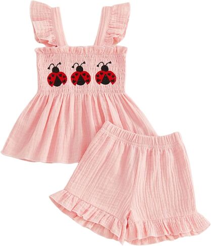 Toddler Girl Summer Outfit Flying Sleeve Muslin Smocked Peplum Top + Ruffle Shorts Boho Baby Clothes 2 Piece Set in Kuwait