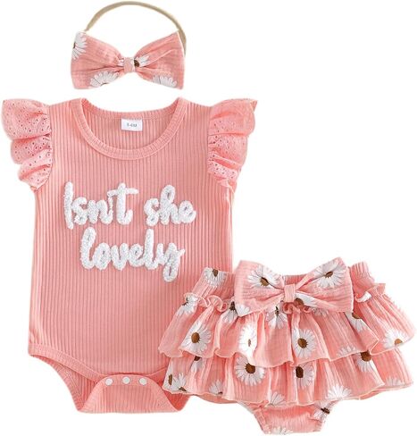 Newborn Baby Girl Summer Clothes Isn't She Lovely Shorts Set Short Sleeve Ribbed Romper with Floral Shorts Hairband in Kuwait