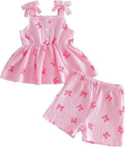 Adobabirl Little Baby Girl Summer Clothes Toddler Outfits Bow Print Sleeveless Ruffle Tank Tops and Shorts 2 Piece Set in Kuwait