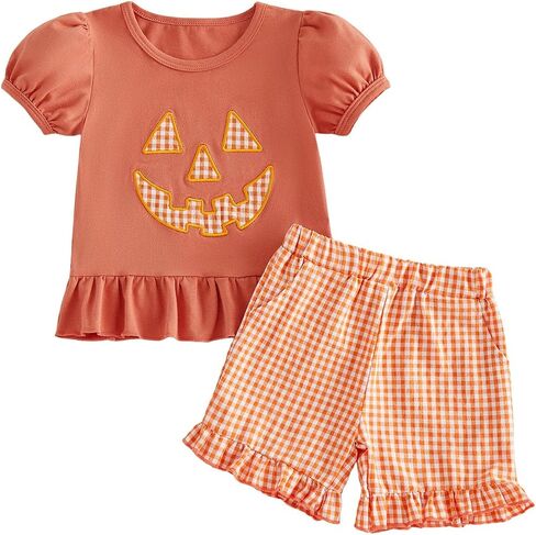 Bagilaanoe Toddler Baby Girl Halloween Outfit Pumpkin Face Embroidery Short Sleeve T-Shirt Tunic Top and Plaid Shorts Set in Kuwait