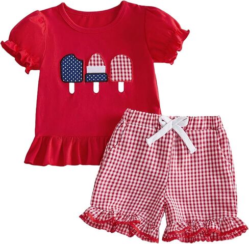 Toddler Baby Girl 4th of July Outfit Popsicle Ruffle Short Sleeve T-Shirt Top Plaid Shorts 2Pcs Set Summer Clothes in Kuwait