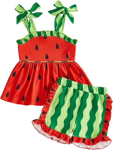 Toddler Baby Girl Watermelon Outfit Tie Shoulder Babydoll Tops and Ruffle Shorts 2 Piece Summer Set in Kuwait
